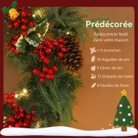 HOMCOM Couronne de Noël lumineuse 60 cm avec 35 LED, minuterie, 170 pointes, pommes de pin, baies, feuilles de houx, vert(m-6)
