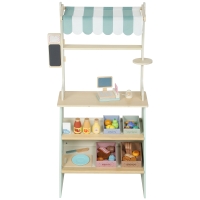 AIYAPLAY Supermarché pour enfant 34 pcs, marchande en bois, tableau noir, caisse enregistreuse et accessoires, 40x30x92,5cm, vert