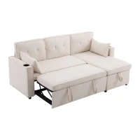 Canapé-lit avec fonction de couchage, canapé en L avec rangement et porte-gobelets, 211x130x86 cm, Beige(m-9)