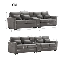 Canapé 4 places moderne en tissu de lin, avec console, 2 porte-gobelets, 2 ports USB, 290x83x88 cm, Gris foncé(m-3)