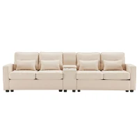 Canapé 4 places moderne en tissu de lin, avec console, 2 porte-gobelets, 2 ports USB, 290x83x88 cm, Beige(m-10)