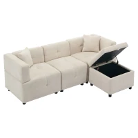 Canapé d'angle 3 places avec rangement, design en L avec pouf amovible et 2 coussins, 204x126x69 cm, Beige(m-11)