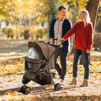 PawHut Poussette buggy pliable animaux, chariot pliant chien chat, porte-gobelet panier de rangement inclus, roues avec frein, tissu 600D Oxford acier, 75 x 45 x 97 cm marron(m-10)