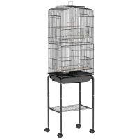 PawHut Jaula para Pájaros con Soporte Jaula Metálica con Ruedas Bandeja Extraíble y Estante 46,5x36x157 cm Negro