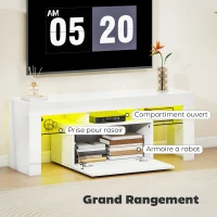HOMCOM Meuble TV, meuble télé avec éclairage LED RGB, haute brillance, étagères en verre trempé, 120x34x45cm, blanc(m-6)