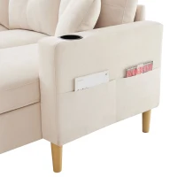 Canapé d'angle moderne en L, 3 places avec méridienne et rangement, porte-gobelet intégré, 175x129x90 cm, Beige(m-6)