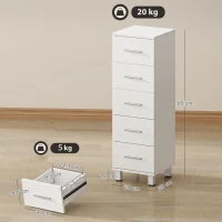 HOMCOM Commode à 5 tiroirs, meuble étroit pour chambre, commode moderne pour salon, couloir, armoire, Blanc(m-3)