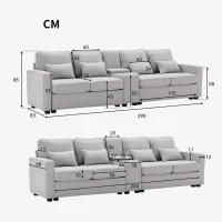 Canapé 4 places moderne en tissu de lin, avec console, 2 porte-gobelets, 2 ports USB, 290x83x88 cm, Gris(m-3)
