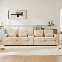 Canapé 4 places moderne en tissu de lin, avec console, 2 porte-gobelets, 2 ports USB, 290x83x88 cm, Beige(m-1)