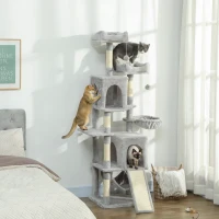 PawHut Arbre à chat tour de jeux pour chat 3 platesformes 2 niches 2 lits 2 hamacs 1 échelle hauteur 177 cm gris clair(m-10)