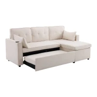 Canapé-lit avec fonction de couchage, canapé en L avec rangement et porte-gobelets, 211x130x86 cm, Beige(m-10)