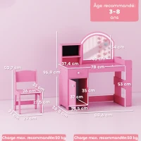 AIYAPLAY Coiffeuse pour enfants avec tabouret et miroir LED, table de maquillage pour 3 à 8 ans, 88,6 x 38,8 x 96,9 cm, rose(m-3)