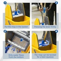 HOMCOM reinigingsemmer, dweilemmer met wringer, verrijdbaar, kunststof, metalen handgreep, geel(m-5)