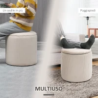 HOMCOM Set di 2 Pouf Contenitore Salvaspazio Rotondi e Imbottiti in Velluto a Coste, Bianco(m-7)