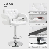 HOMCOM Sgabello Alto Moderno da Bar con Schienale e Braccioli, Regolabile e Girevole, per Cucina o Pub, 64x50x94-114cm, Bianca | Aosom Italy(m-7)