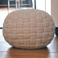 Handcrafted Tube Pouffe with Pleated Design and Breathable Cotton Fabric, Soft Futon with Delivered Fully Assembled, 48L x 48W x 36H cm, Cream(m-1)