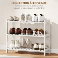 HOMCOM Étagère à chaussures, porte-chaussures 3 niveaux, étagères à lattes, en bois de pin， 70 x 26 x 57,5 cm, blanc(m-4)