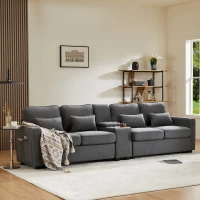 Canapé 4 places moderne en tissu de lin, avec console, 2 porte-gobelets, 2 ports USB, 290x83x88 cm, Gris foncé(m-4)
