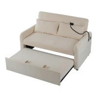 Canapé-lit double pliant moderne, avec dossier réglable, support pour smartphone et port USB de recharge, 129x76x81 cm, Beige(m-10)