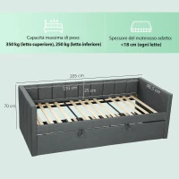 HOMCOM Letto Singolo con Secondo Letto Estraibile, Rivestimento in Tessuto e Braccioli, 205x181x70 cm, Grigio Scuro(m-3)