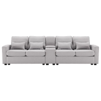 Canapé 4 places moderne en tissu de lin, avec console, 2 porte-gobelets, 2 ports USB, 290x83x88 cm, Gris