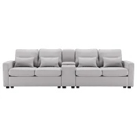 Canapé 4 places moderne en tissu de lin, avec console, 2 porte-gobelets, 2 ports USB, 290x83x88 cm, Gris(m-2)
