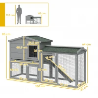 PawHut Conigliera in Legno a 2 Livelli con Tetto in Asfalto Vassoio Estraibile e Scala per Esterni 150x45x85 cm Grigio(m-3)