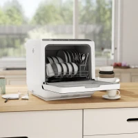 HOMCOM Mini lave-vaisselle compact 4 couverts, lave-vaisselle de table, 6 programmes, commandes tactiles, réservoir 6 L, blanc(m-10)