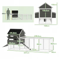 PawHut Poulailler en bois avec enclos nichoir toit en asphalte plateau extractible pour 8-10 poules 347x160x150 cm Gris foncé(m-3)