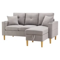 Canapé d'angle moderne en L, 3 places avec méridienne et rangement, porte-gobelet intégré, 175x129x90 cm, Gris clair(m-11)