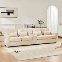 Canapé 4 places moderne en tissu de lin, avec console, 2 porte-gobelets, 2 ports USB, 290x83x88 cm, Beige(m-5)
