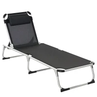 Outsunny Bain de soleil chaise longue pliante avec appuie-tête, transat inclinable en aluminium et textilène, transat jardin extérieur pour plage relax camping piscine terrasse, 165x60x76cm, noir(m-1)