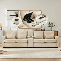 Canapé 4 places moderne en tissu de lin, avec console, 2 porte-gobelets, 2 ports USB, 290x83x88 cm, Beige(m-6)