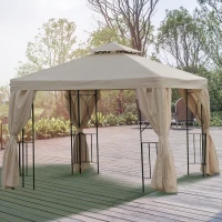Outsunny Tonnlle de jardin barnum pavillon de jardin 3 x 3 double toit avec moustiquaires amovibles imperméable beige noir(m-10)