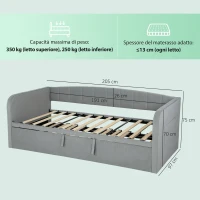 HOMCOM Letto Divano 3 Posti con Lettino Estraibile Convertibile in Letto Matrimoniale,205x186x75 cm, Grigio Chiaro(m-3)