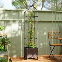 Outsunny Raised Garden Bed with Trellis, Tomato Cage with Lockable Wheels, Self Watering Planter Box with Drainage Holes, Brown(m-2)