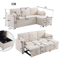 Canapé-lit avec fonction de couchage, canapé en L avec rangement et porte-gobelets, 211x130x86 cm, Beige(m-3)