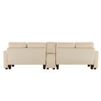 Canapé 4 places moderne en tissu de lin, avec console, 2 porte-gobelets, 2 ports USB, 290x83x88 cm, Beige(m-11)