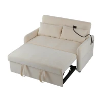 Canapé-lit double pliant moderne, avec dossier réglable, support pour smartphone et port USB de recharge, 129x76x81 cm, Beige(m-11)
