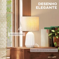 HOMCOM Candeeiro de Mesa com Base de Cerâmica e Ecrã de Linho Estilo Retro com Interruptor E27 40W Ø22x39 cm Branco e Bege(m-4)