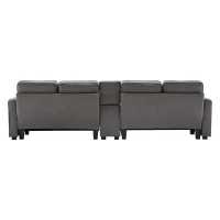 Canapé 4 places moderne en tissu de lin, avec console, 2 porte-gobelets, 2 ports USB, 290x83x88 cm, Gris foncé(m-10)