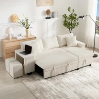 Canapé-lit pliant avec fonction couchage, port de charge USB, tablettes latérales et rangement, 231x131,5x84 cm, Beige(m-1)