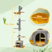 PawHut Arbre à chat, hauteur 275 cm, 6 niveaux pour chat d'intérieur, du sol au plafond, avec plate-formes, niche, gris clair(m-3)