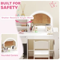 AIYAPLAY Kids Vanity Table and Chair Set, Girls Dressing Table with 2-Colour LED Mirror, Stool, Cabinet, Drawer, Shelves, White(m-7)