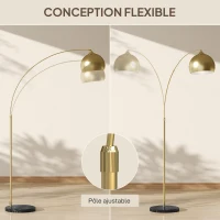 HOMCOM Lampadaire lampe de salon arc réglable pied marbre style vintage 40W E27 dim. 100-115L x 30l x 170-180H cm doré(m-5)