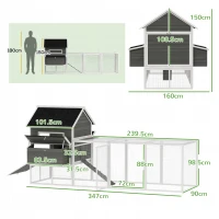 PawHut Pollaio in legno con recinto, nido e tetto impermeabile per 8-10 galline, 347x160x150 cm, Grigio scuro(m-3)