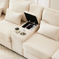 Canapé 4 places moderne en tissu de lin, avec console, 2 porte-gobelets, 2 ports USB, 290x83x88 cm, Beige(m-7)