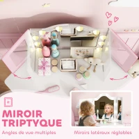 AIYAPLAY Coiffeuse enfant 2 en 1 avec tabouret miroir triptyque et lumières LED bicolores  93,6 x 48,5 x 111,5 cm blanc(m-6)