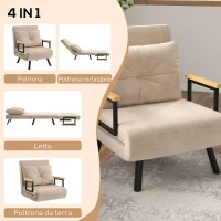 HOMCOM Poltrona Letto 3 in 1 con Schienale Reclinabile e Cuscino, in Tessuto Effetto Velluto, 63x73x81 cm, Beige(m-4)