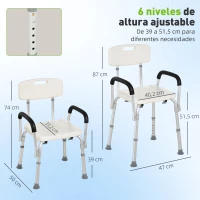 HOMCOM Silla de Ducha para Personas Mayores con Respaldo Altura Regulable Antideslizante y Apoyabrazos Carga 136 kg(m-3)